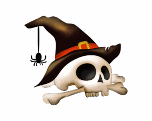 A digital illustration of a spooky skull wearing a dark, wide-brimmed witch's hat and holding a white bone in its mouth, set against a transparent background.