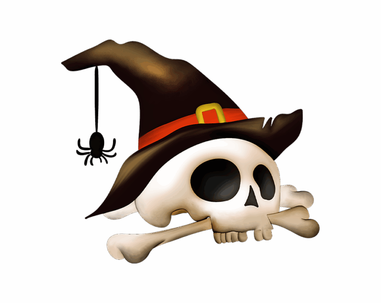 A digital illustration of a spooky skull wearing a dark, wide-brimmed witch's hat and holding a white bone in its mouth, set against a transparent background.
