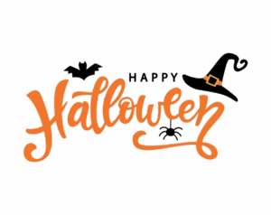 Transparent PNG image with "Happy Halloween" in orange script lettering, accompanied by black silhouettes of a witch hat, a bat, and a spider.