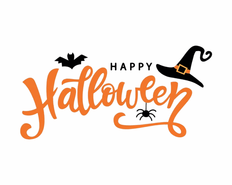 Transparent PNG image with "Happy Halloween" in orange script lettering, accompanied by black silhouettes of a witch hat, a bat, and a spider.