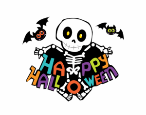 A cartoon illustration of a cheerful skeleton with large yellow eyes, standing over the phrase "HAPPY HALLOWEEN" written in bold, multi-colored (purple, orange, green, and blue) block letters, on a transparent background.