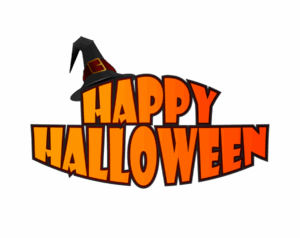 Orange "Happy Halloween" text graphic with a black witch hat on top. Transparent PNG.