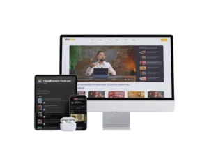 A digital device mockup showing Hayalhanem content across a desktop monitor, a tablet (Hayalhanem Podcast), a smartphone, and a pair of white wireless earbuds.