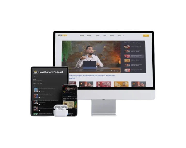 A digital device mockup showing Hayalhanem content across a desktop monitor, a tablet (Hayalhanem Podcast), a smartphone, and a pair of white wireless earbuds.