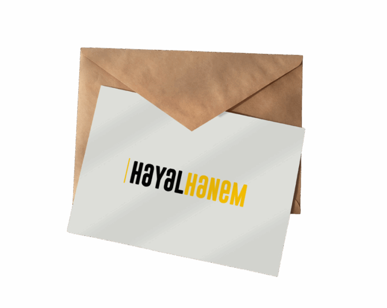 A transparent PNG image of a brown envelope with a white card inside showing the Hayalhanem logo in black and yellow text.