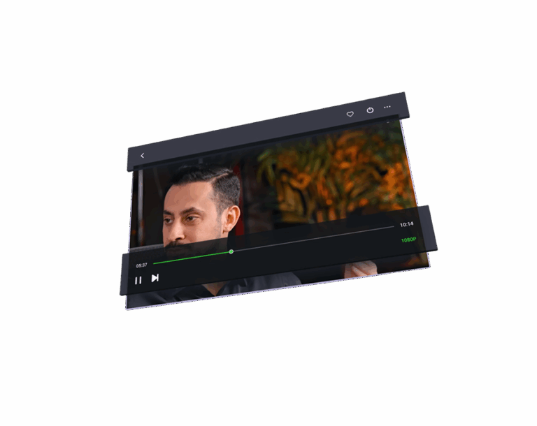 A transparent PNG image featuring a video player interface with a close-up of Mehmet Yıldız from Hayalhanem speaking. The player shows time '05:37' of '10:14' and '1080P' quality.