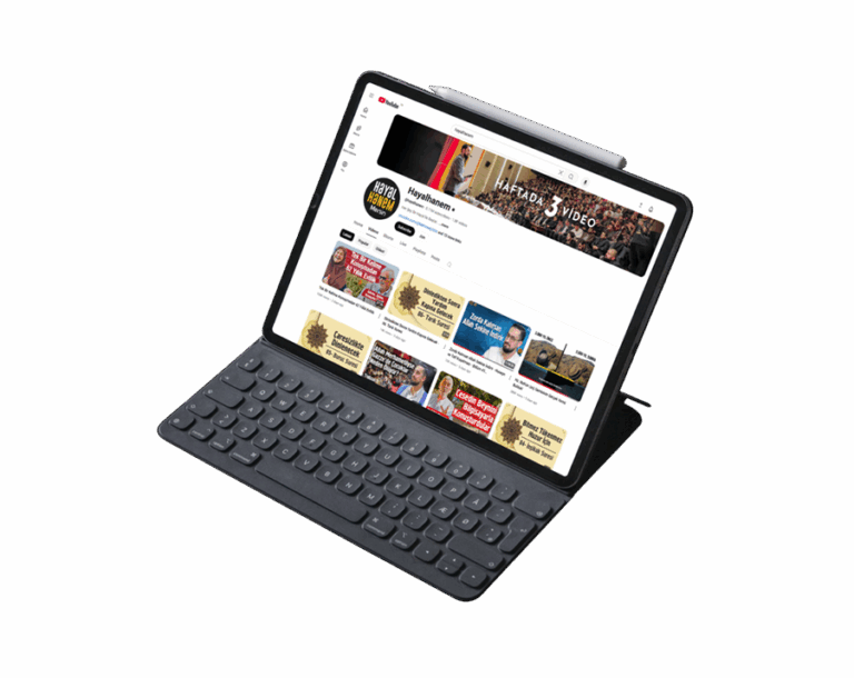 iPad Pro Mockup with Hayalhanem YouTube Channel on Screen, featuring Mehmet Yıldız content, transparent background.