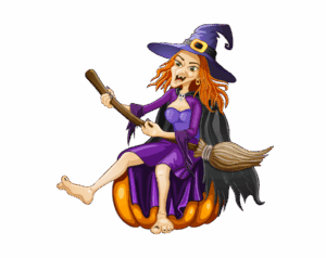 Funny cartoon witch illustration with orange hair, purple dress and hat, sitting on a pumpkin while holding a broomstick as if flying.