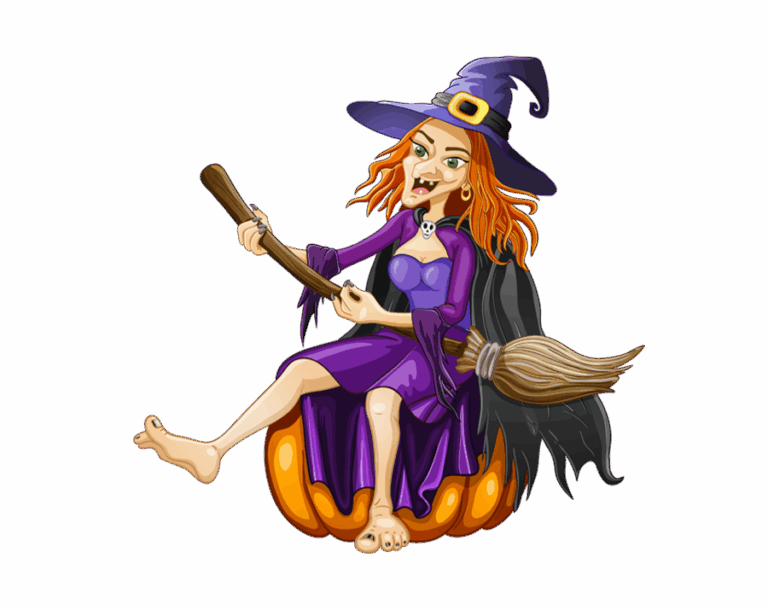 Funny cartoon witch illustration with orange hair, purple dress and hat, sitting on a pumpkin while holding a broomstick as if flying.