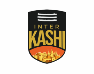 The modern Inter Kashi FC logo, a black and orange-brown vertical shield featuring three white horizontal lines (Tripundra/Tilak) at the top and the silhouette of Kashi/Varanasi's historic temples along the Ganges River at the bottom, with INTER KASHI written in the center.