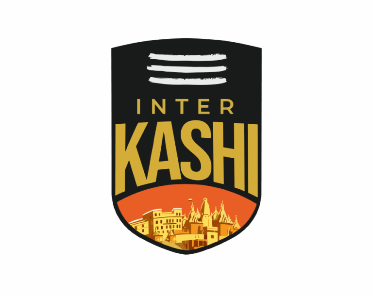 The modern Inter Kashi FC logo, a black and orange-brown vertical shield featuring three white horizontal lines (Tripundra/Tilak) at the top and the silhouette of Kashi/Varanasi's historic temples along the Ganges River at the bottom, with INTER KASHI written in the center.