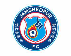 The Jamshedpur FC logo, a bright blue shield with a red border inside a dark blue circle, featuring a flaming football and an overhead ladle (pot), symbolizing the city's steel heritage.