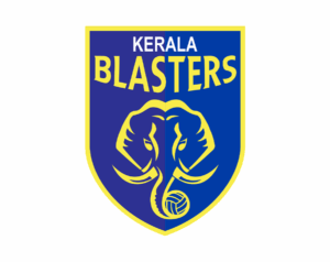 The Kerala Blasters FC logo, a shield in navy blue featuring a stylized yellow elephant's head with large tusks and a raised trunk, standing on a football at the center, with KERALA BLAZERS written above.