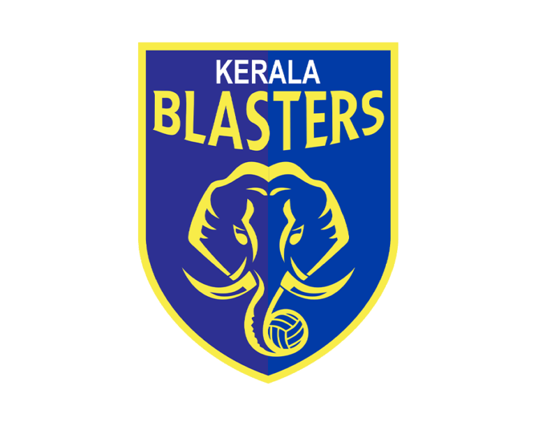 The Kerala Blasters FC logo, a shield in navy blue featuring a stylized yellow elephant's head with large tusks and a raised trunk, standing on a football at the center, with KERALA BLAZERS written above.