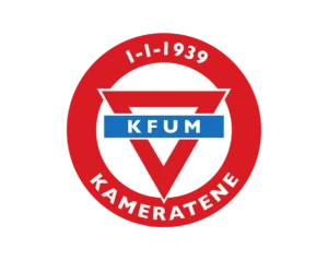 KFUM-Kameratene Oslo Football Club Logo, Featuring White "KFUM" Text within a Blue Rectangle, Inside a Downward-Pointing Red Triangle, Enclosed by a Red Outer Ring with Establishment Date "1-1-1939" and "KAMERATENE" Text.