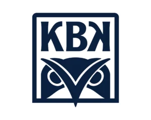 Kristiansund BK (KBK) Football Club Logo, Dark Blue Square Frame, Featuring "KBK" Letters at the Top and an Owl Motif Showing its Eyes in the Bottom Half.