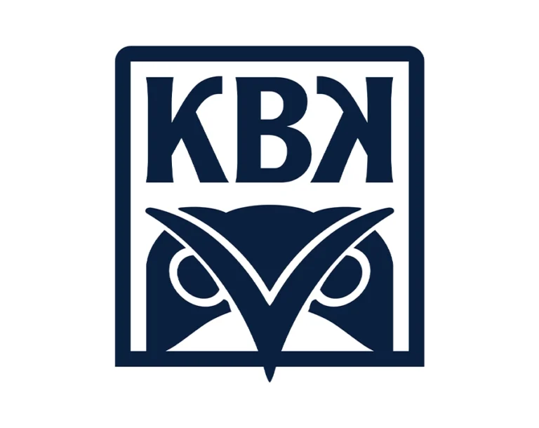 Kristiansund BK (KBK) Football Club Logo, Dark Blue Square Frame, Featuring "KBK" Letters at the Top and an Owl Motif Showing its Eyes in the Bottom Half.