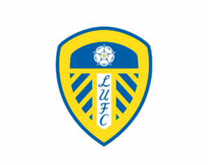 The stylized Leeds United logo, shaped like a yellow shield, featuring the vertical initials "LUFC" (Leeds United Football Club) on a central white stripe, and the White Rose of York emblem at the top.
