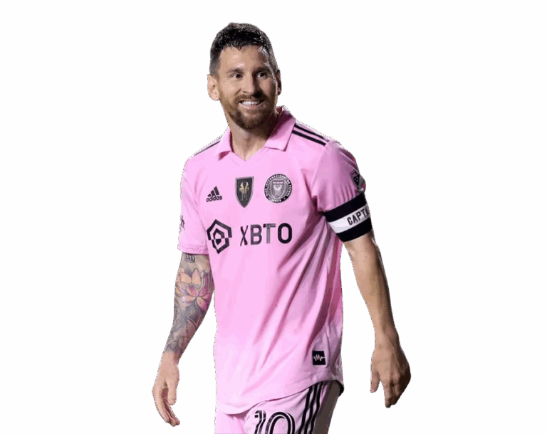 Lionel Messi smiling in his pink Inter Miami CF home jersey with the captain's armband. Transparent PNG.