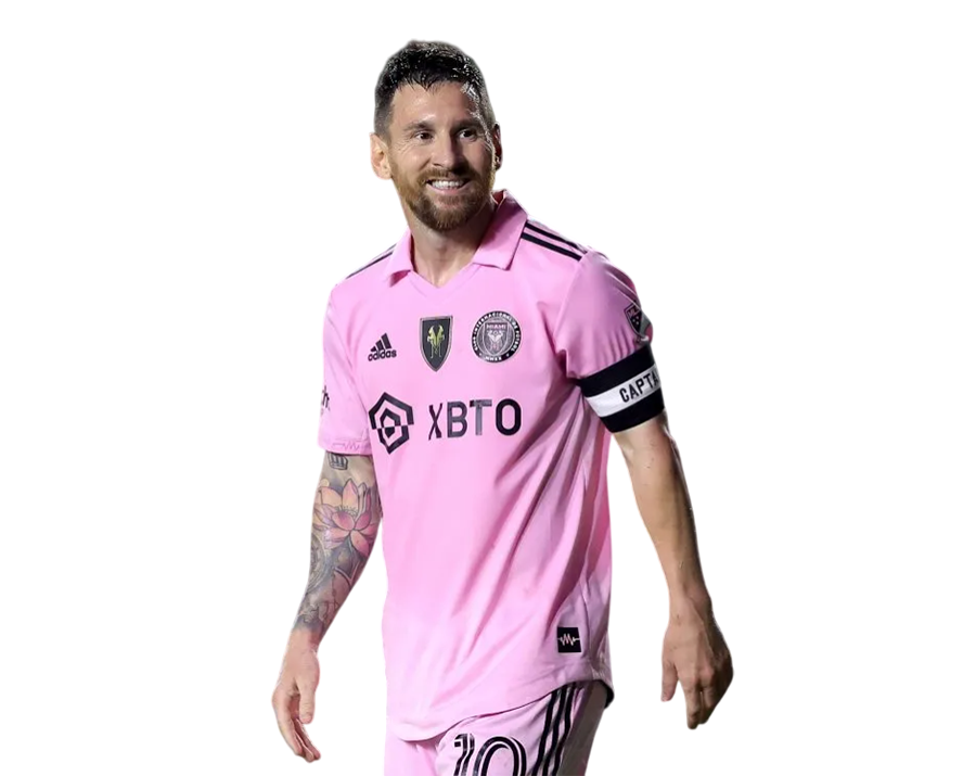 Lionel Messi smiling in his pink Inter Miami CF home jersey with the captain's armband. Transparent PNG.