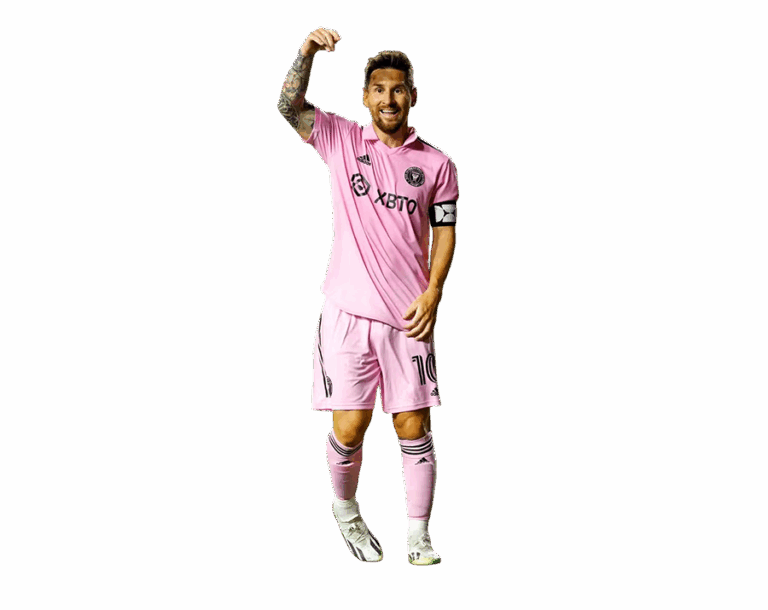 Lionel Messi in full pink Inter Miami kit, celebrating with a raised arm and a wide smile. Transparent PNG.