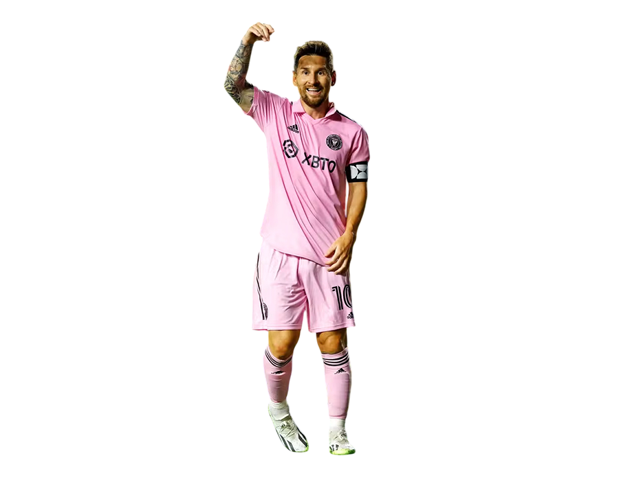 Lionel Messi in full pink Inter Miami kit, celebrating with a raised arm and a wide smile. Transparent PNG.