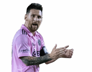Lionel Messi speaking or directing while clapping his hands in the pink Inter Miami kit. Transparent PNG.
