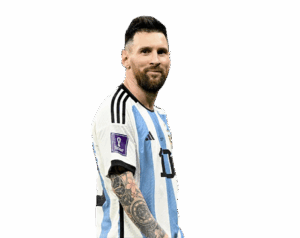 Lionel Messi wearing the Argentina national team home jersey, looking over his shoulder and smiling, on a transparent background.