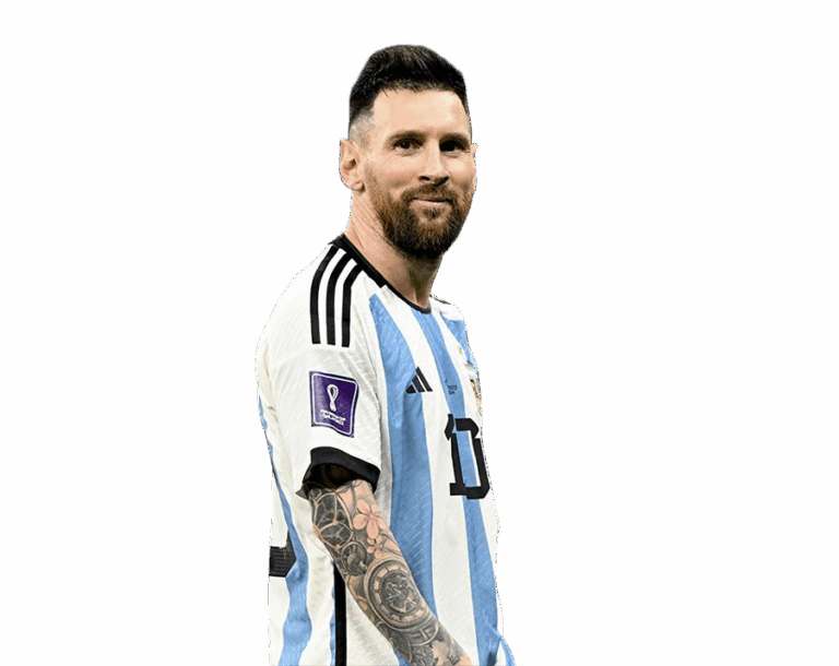 Lionel Messi wearing the Argentina national team home jersey, looking over his shoulder and smiling, on a transparent background.