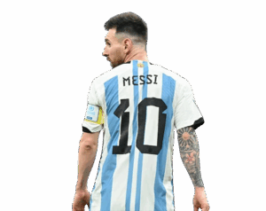 Lionel Messi seen from the back, wearing the Argentina national team home jersey with "MESSI" and number 10, on a transparent background.