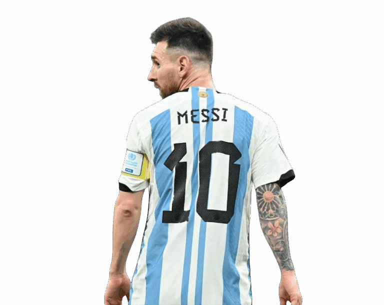 Lionel Messi seen from the back, wearing the Argentina national team home jersey with "MESSI" and number 10, on a transparent background.
