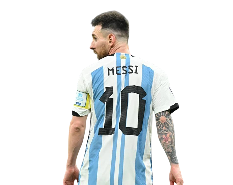 Lionel Messi seen from the back, wearing the Argentina national team home jersey with "MESSI" and number 10, on a transparent background.