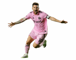 Lionel Messi running and celebrating excitedly in his pink Inter Miami CF kit with arms wide open. Transparent PNG.