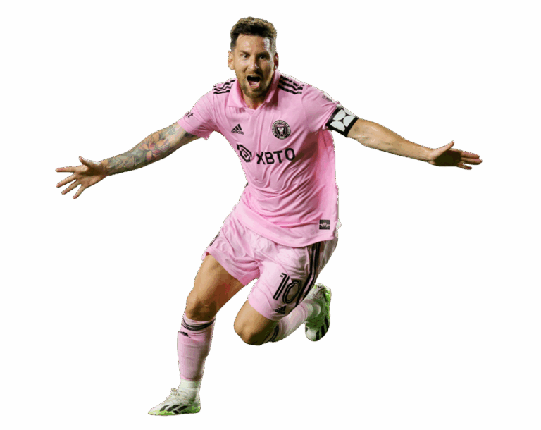 Lionel Messi running and celebrating excitedly in his pink Inter Miami CF kit with arms wide open. Transparent PNG.