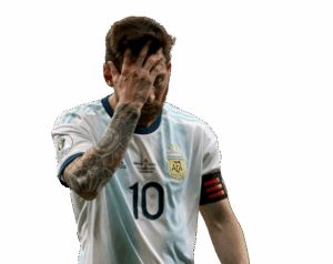 Lionel Messi, wearing the Argentina number 10 jersey, showing frustration with his hand on his forehead, on a transparent background.