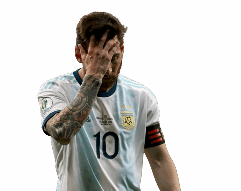 Lionel Messi, wearing the Argentina number 10 jersey, showing frustration with his hand on his forehead, on a transparent background.