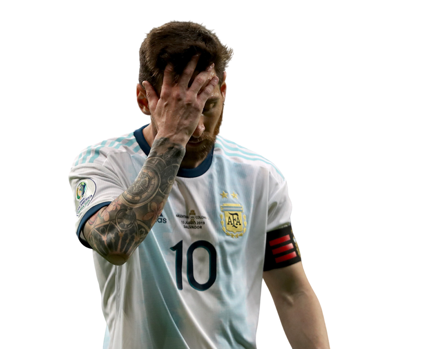 Lionel Messi, wearing the Argentina number 10 jersey, showing frustration with his hand on his forehead, on a transparent background.