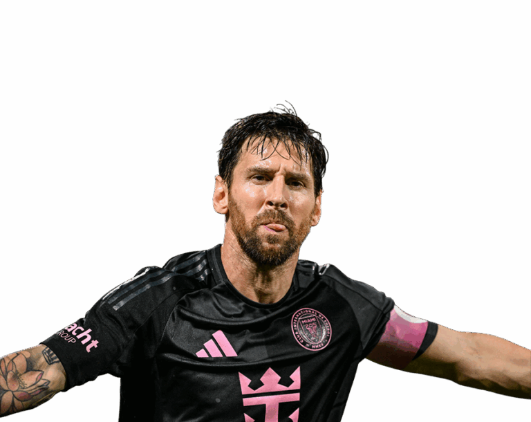 Lionel Messi in the black Inter Miami CF kit, with an intense expression and tongue slightly out. Transparent PNG.