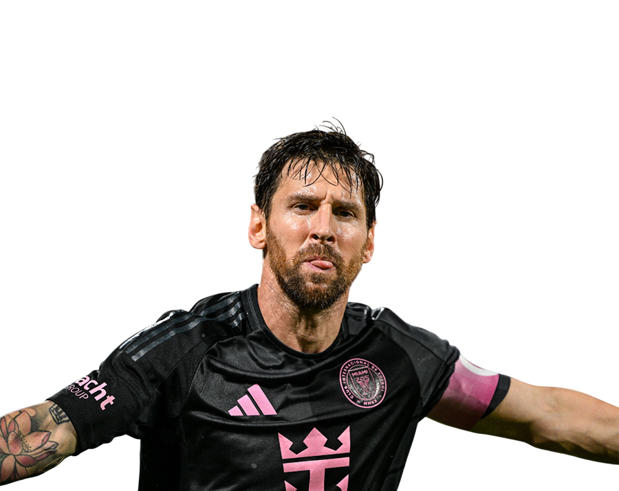 Lionel Messi in the black Inter Miami CF kit, with an intense expression and tongue slightly out. Transparent PNG.