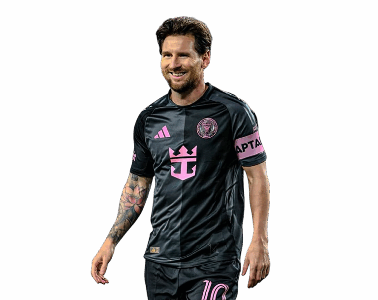 Lionel Messi wearing a black and pink Inter Miami CF 2025 jersey with a captain's armband, smiling on a transparent background.
