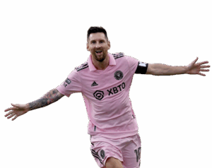 Lionel Messi celebrating in his pink Inter Miami CF kit with arms outstretched and a joyful expression. Transparent PNG.