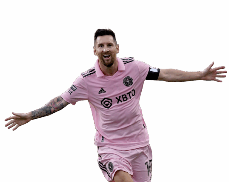 Lionel Messi celebrating in his pink Inter Miami CF kit with arms outstretched and a joyful expression. Transparent PNG.
