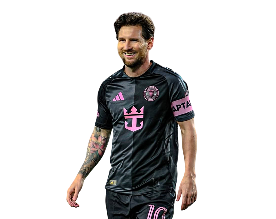 Lionel Messi wearing a black and pink Inter Miami CF 2025 jersey with a captain's armband, smiling on a transparent background.