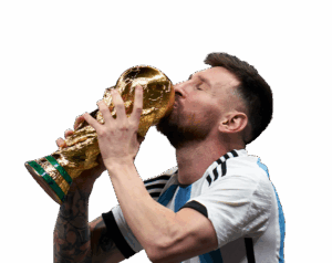Lionel Messi, wearing the Argentina jersey, passionately kissing the FIFA World Cup trophy on a transparent background.