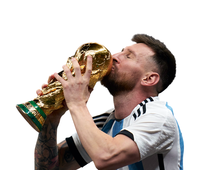 Lionel Messi, wearing the Argentina jersey, passionately kissing the FIFA World Cup trophy on a transparent background.