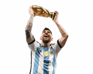 Lionel Messi raising the FIFA World Cup trophy over his head and shouting in celebration while wearing the Argentina jersey, on a transparent background.