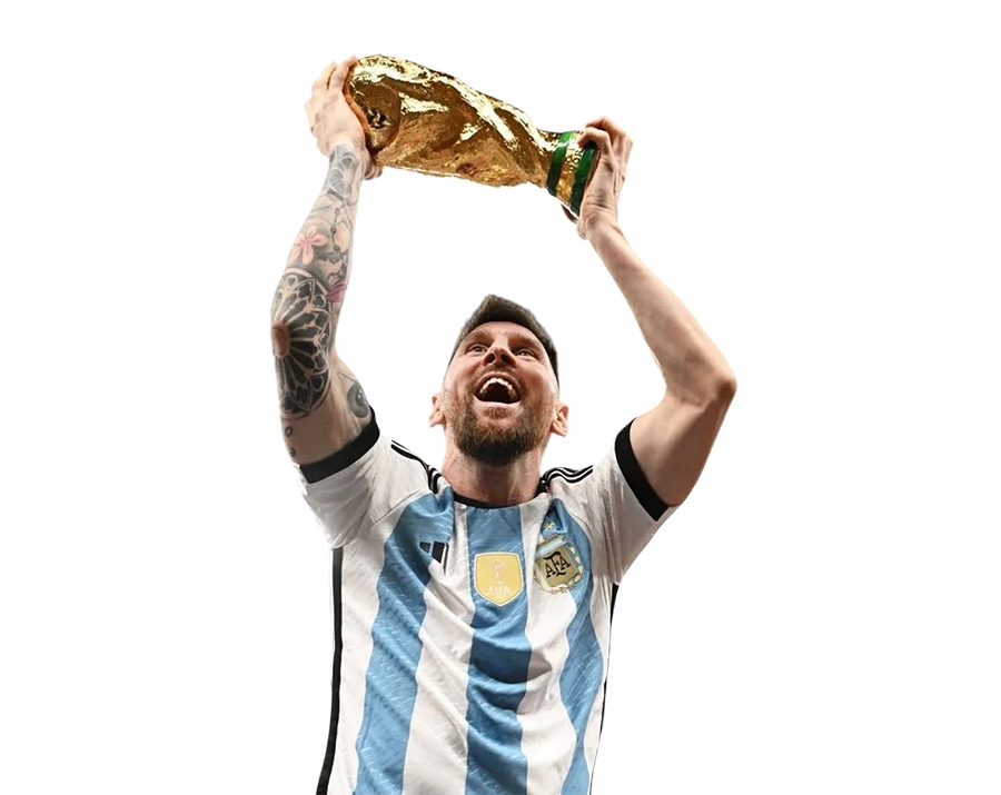 Lionel Messi raising the FIFA World Cup trophy over his head and shouting in celebration while wearing the Argentina jersey, on a transparent background.