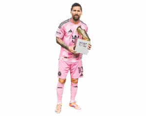 Lionel Messi in his pink Inter Miami kit, holding the MLS Golden Boot award. Full body transparent PNG.