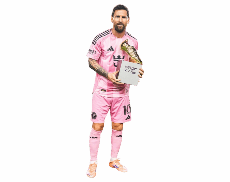 Lionel Messi in his pink Inter Miami kit, holding the MLS Golden Boot award. Full body transparent PNG.