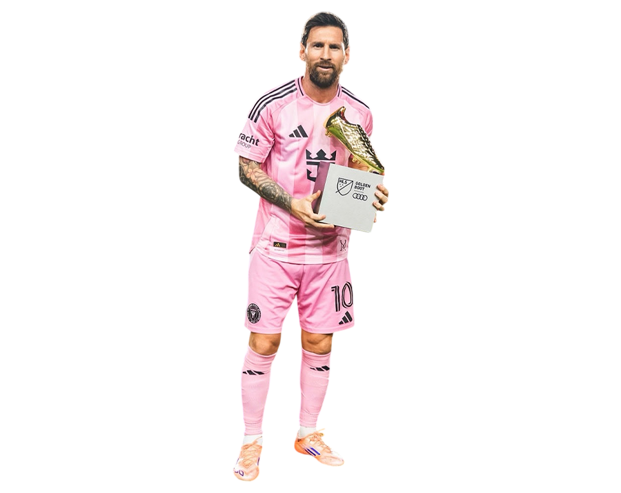Lionel Messi in his pink Inter Miami kit, holding the MLS Golden Boot award. Full body transparent PNG.